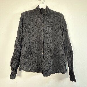 Babette Womens Black Textured Crinkle Button-Up Shirt Small Long Sleeve Casual
